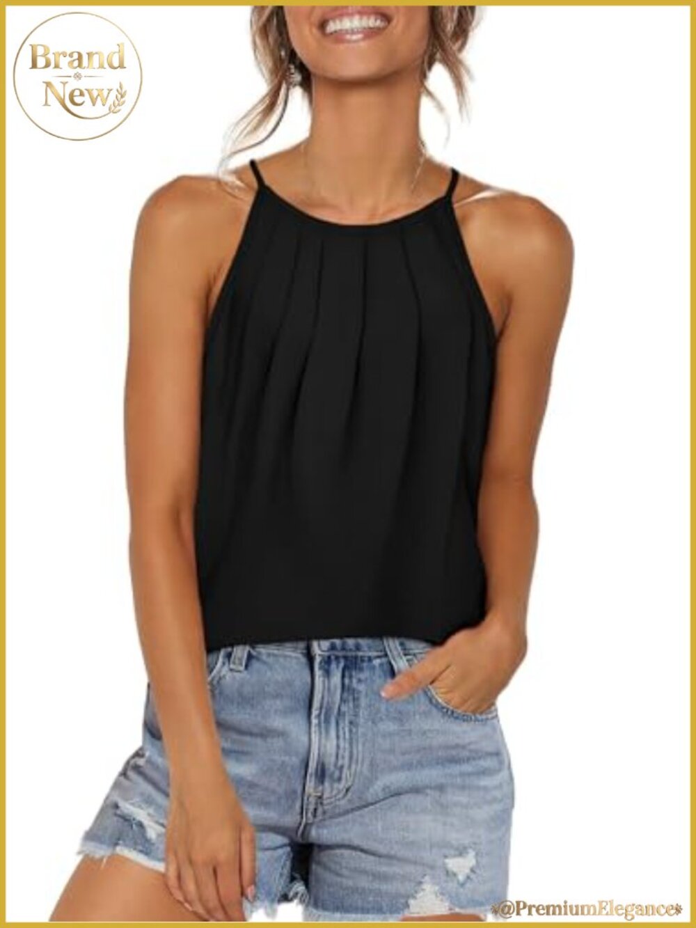 Womens Pleated Tank Tops Halter Neck Camisole Sleeveless Curved Hem Loose Fit